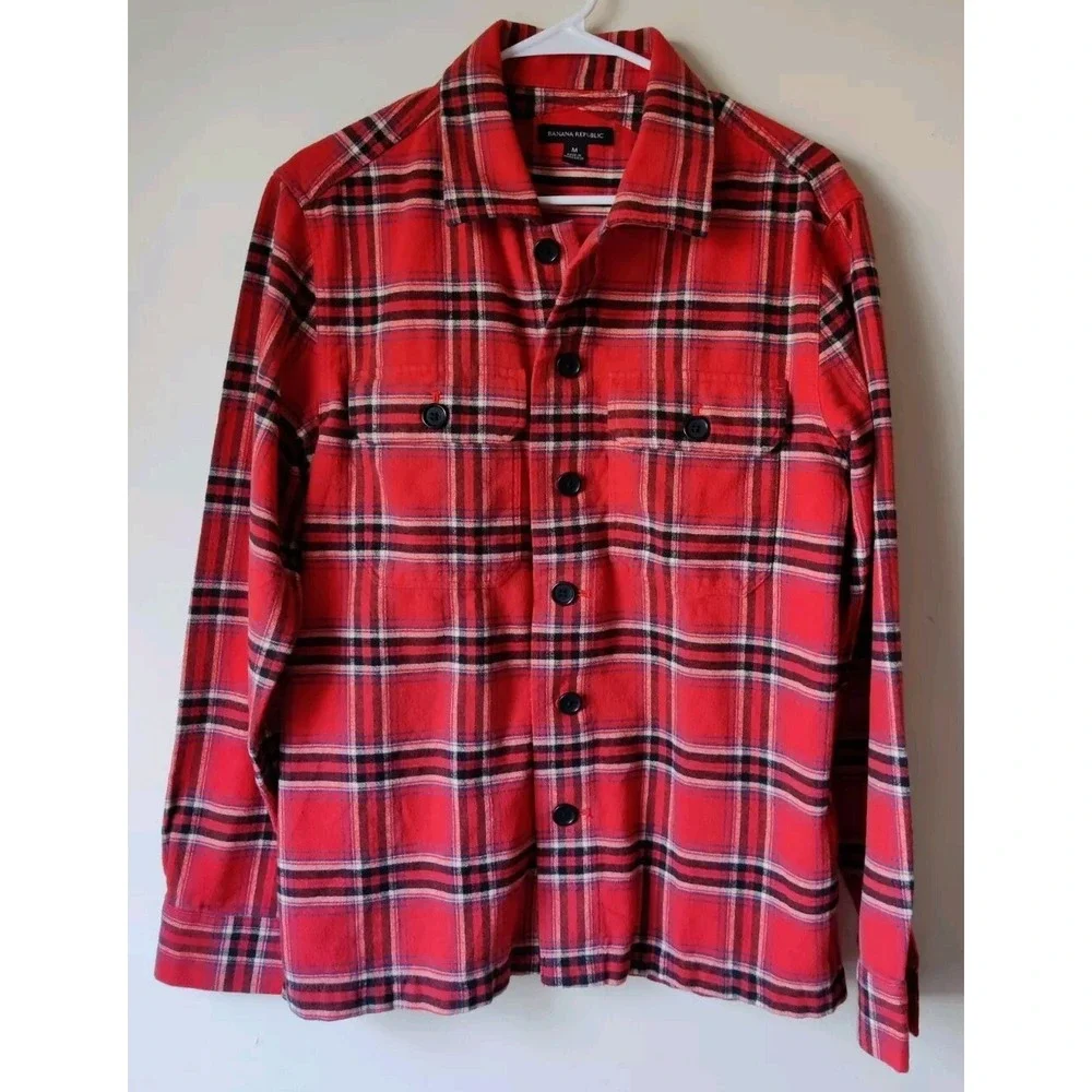 Banana Republic Mens Size‎ Medium Thick Flannel Red Tartan Plaid Flaps Shacket